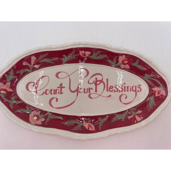 Fitz & Floyd Hand-Painted Oval Ceramic Tray "Count Your Blessings" Floral Design - Picture 3 of 3